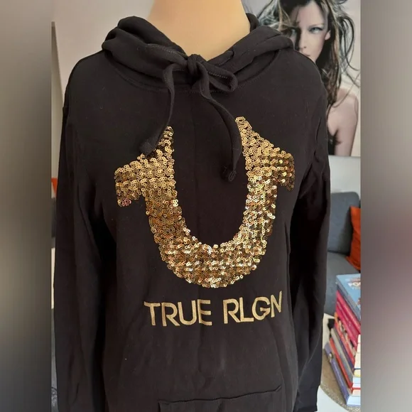 True Religion Black Hoodie Dress with Gold Sequin Horseshoe - Picture 2 of 6